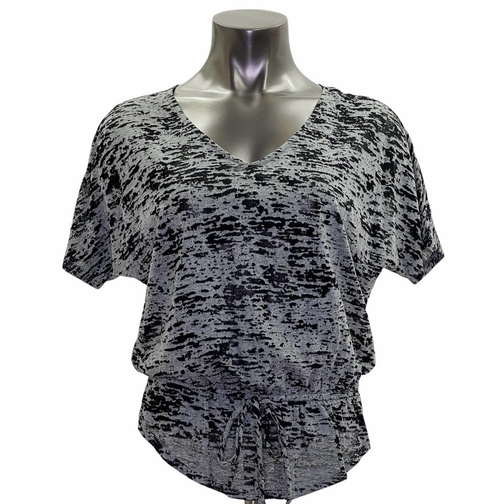 CLOUD Nine Gray & Black Static Print Short Dolman Sleeve Tie Waist Blouse
